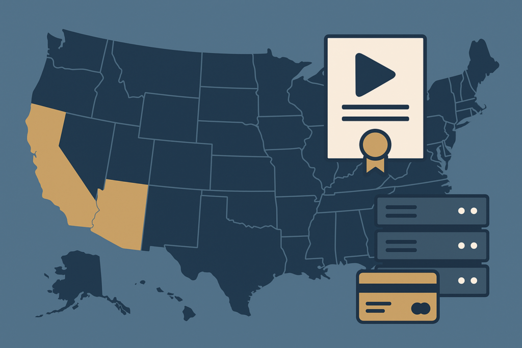Illustration of US states highlighted with licensing, platform and payment icons representing starting an iGaming business