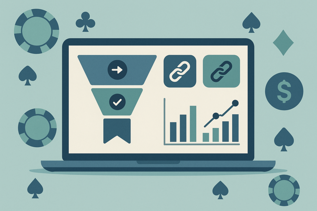 Illustration of an affiliate tracking dashboard showing clicks, conversions and commission data for an iGaming affiliate program