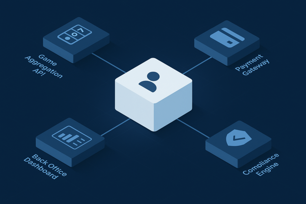 Isometric diagram of iGaming platform architecture showing PAM, game aggregation, payments, back office and compliance modules