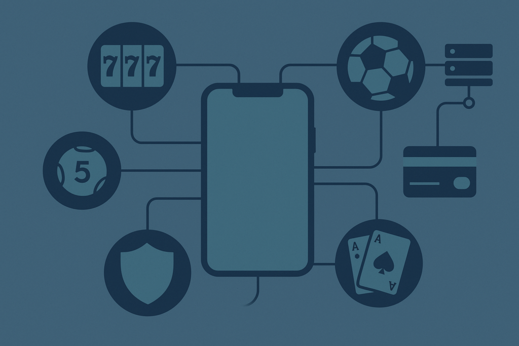 Diagram showing a mobile device connected to casino, sports betting, poker and lottery icons alongside servers, payments and security symbols